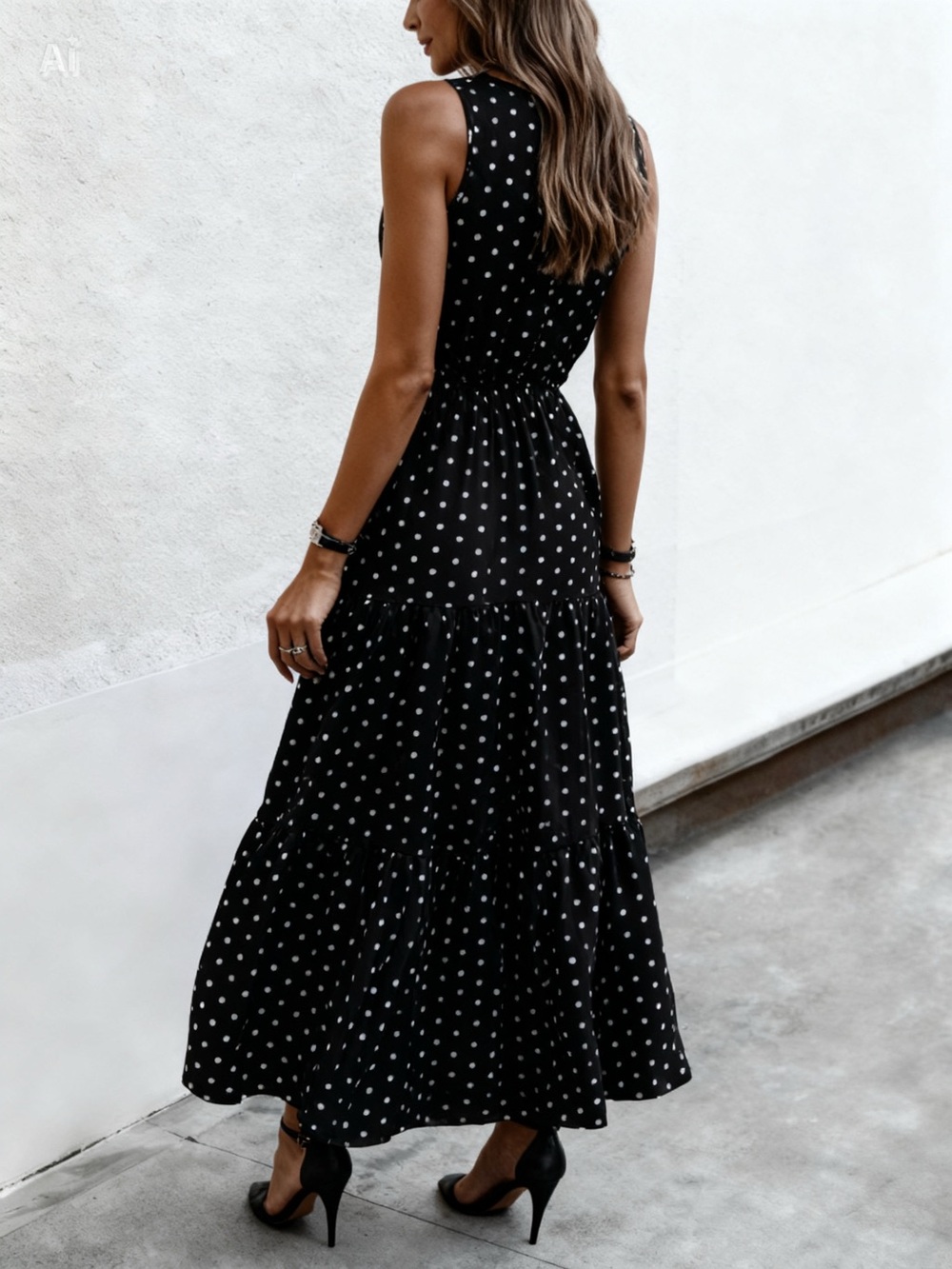 Black Polka Dot Maxi Dress Size M - Picture 5 of 15
